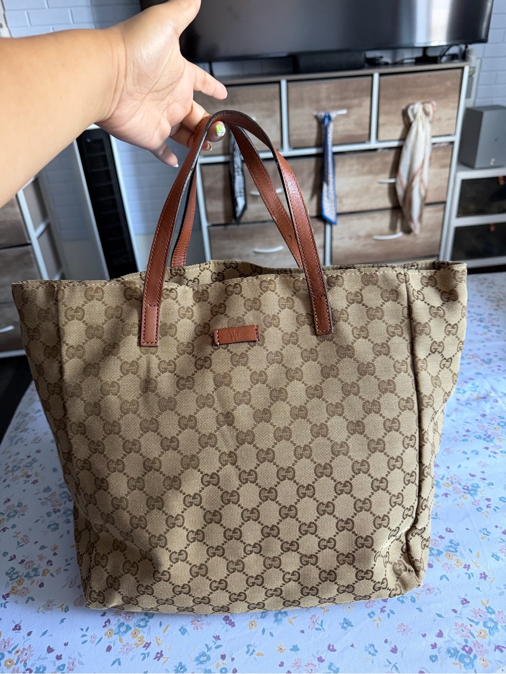 Gucci Beige Monogram Canvas Tote with Brown Leather Handles